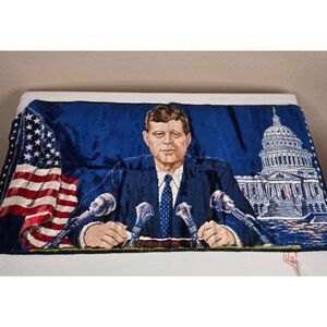 Vintage 1965 JFK Tapestry Wall Hanging 38x20 Inches Capitol Flag Made In Italy